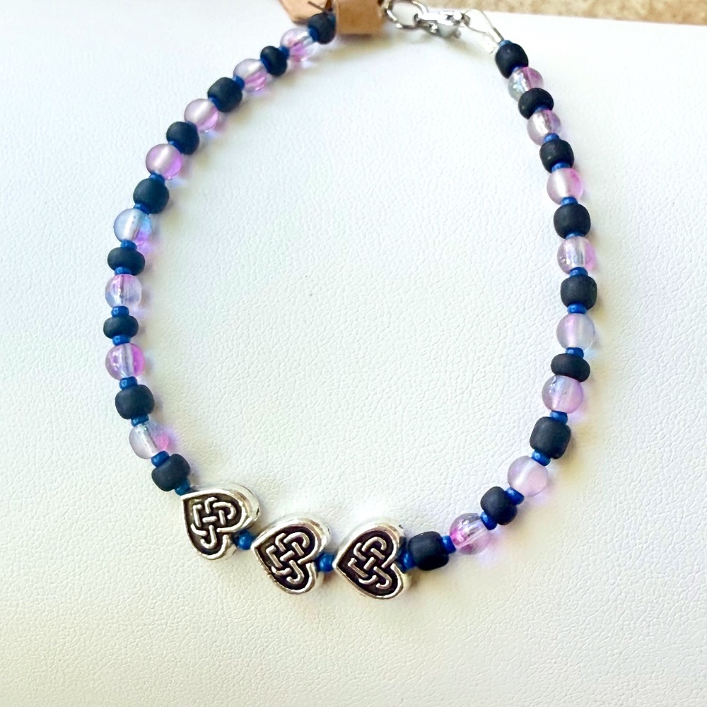 Hand Crafted Triple Celtic Hearts Purple & Black Beaded Bracelet